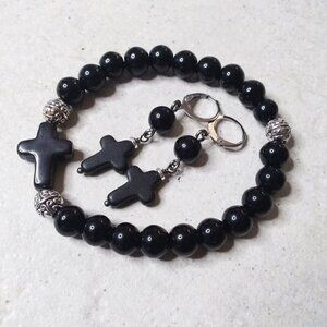 Earring + Bracelet Set! Glossy Black Stone Beads + Cross! Loss Grief Bereavement